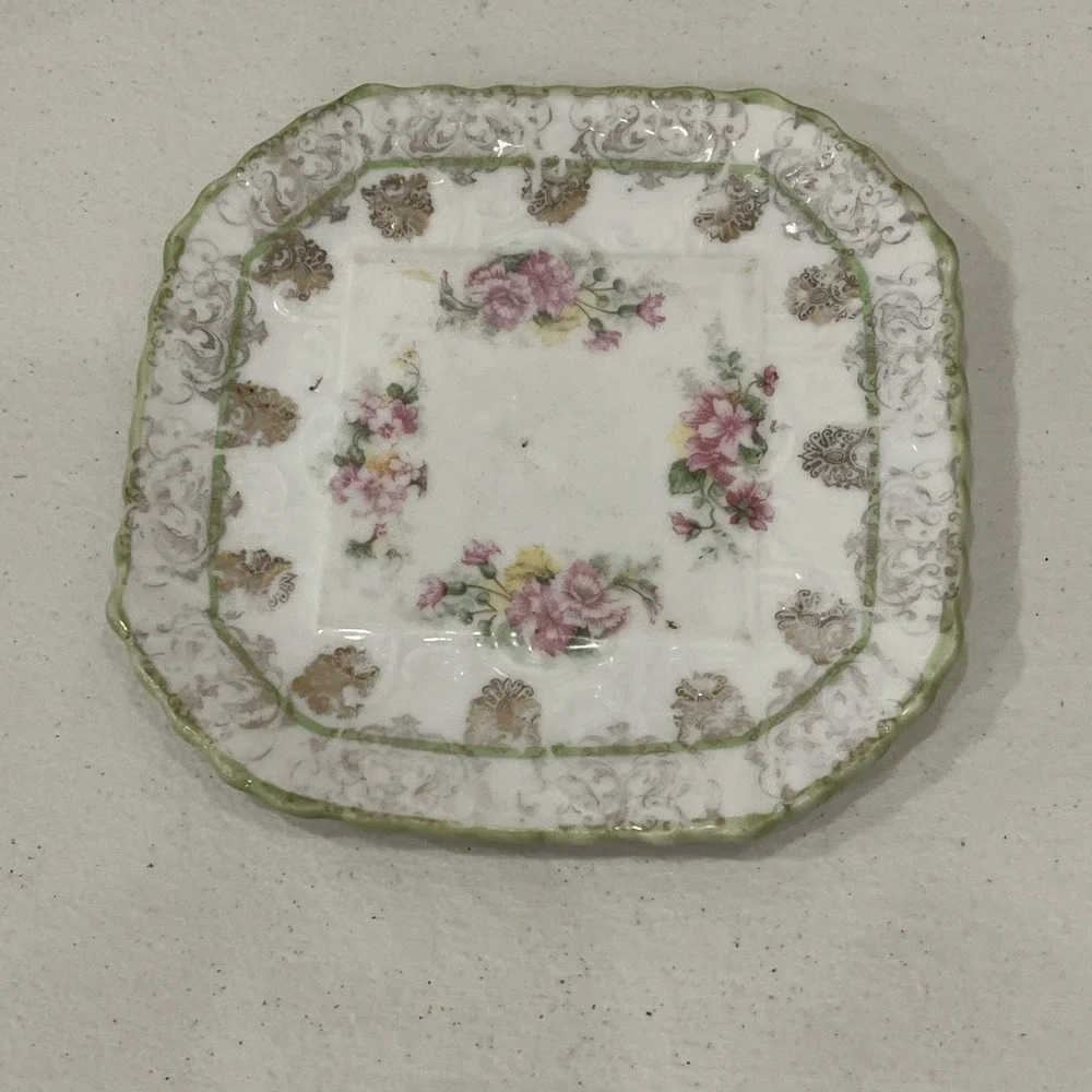 Imperial China Austria Unusual Plate Trivet Floral Gold Green Square Octagonal